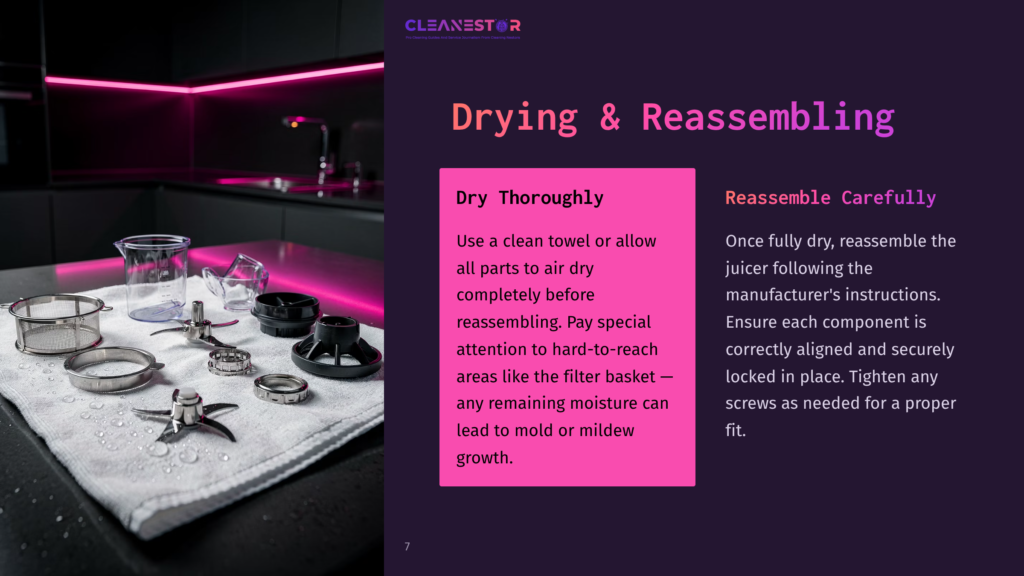 Image Displaying A Blender'S Disassembled Parts, Including Blades And Strainers, Laid Out On A White Towel On A Dark Surface, Next To Text About Drying And Reassembling The Blender.