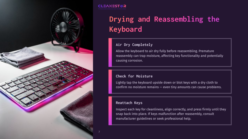 A Chromebook Keyboard With Purple Backlighting Positioned Near A Small Fan. Key Cleaning Instructions Are Highlighted On The Left.