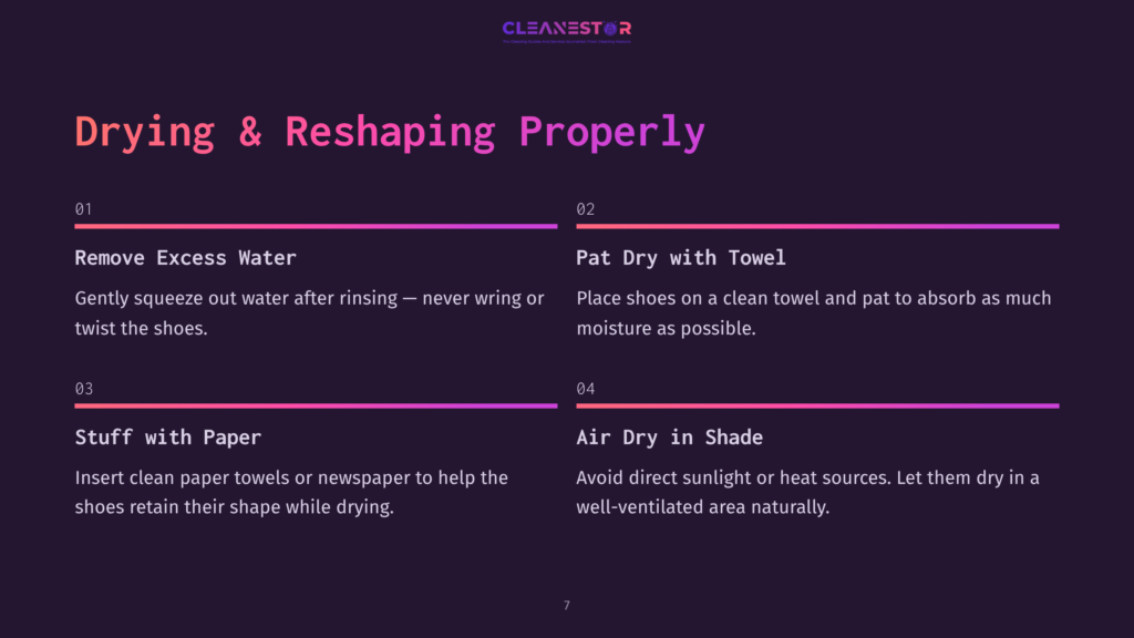 Infographic Titled &Quot;Drying &Amp; Reshaping Properly&Quot; With Steps 1-4 On Drying Shoes: Remove Excess Water By Squeezing, Pat Dry With A Towel, Stuff With Paper, And Air Dry In Shade.