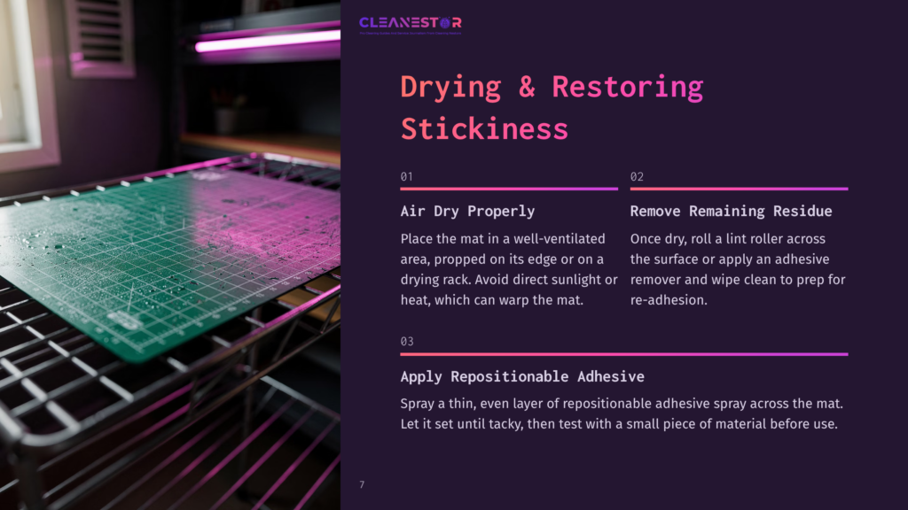 A Green Cutting Mat On A Wire Rack, Illuminated By Pink Lighting, With Bullet Points Outlining Cleaning Steps Beside It.