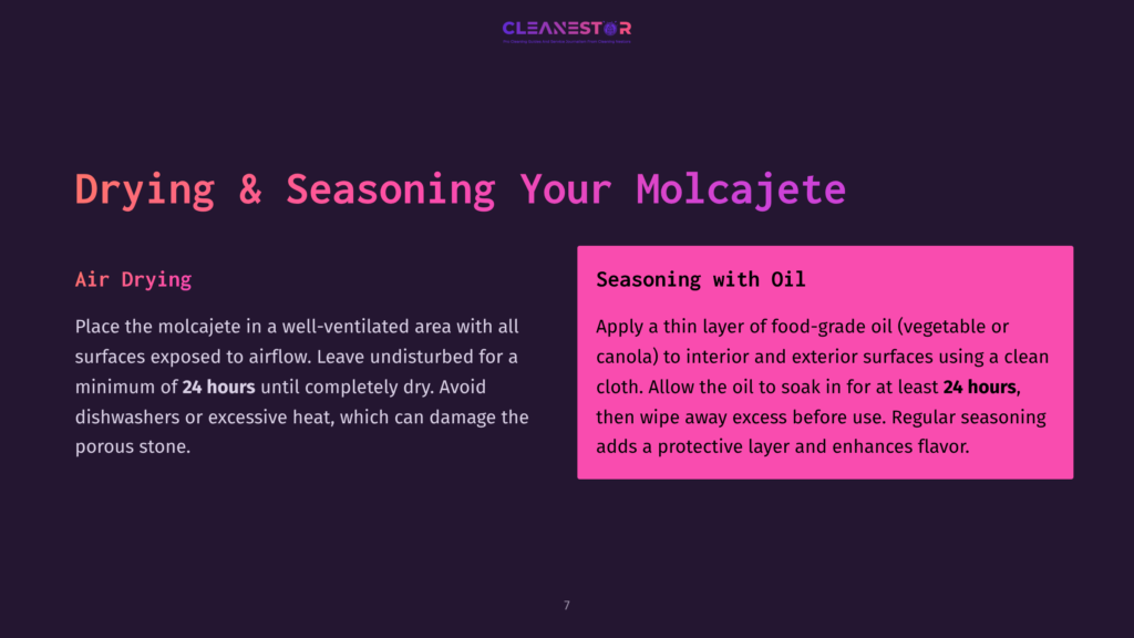 Instructions On Drying And Seasoning A Molcajete, Featuring A Dark Background With White Text And Highlighted Tips In Vibrant Colors.