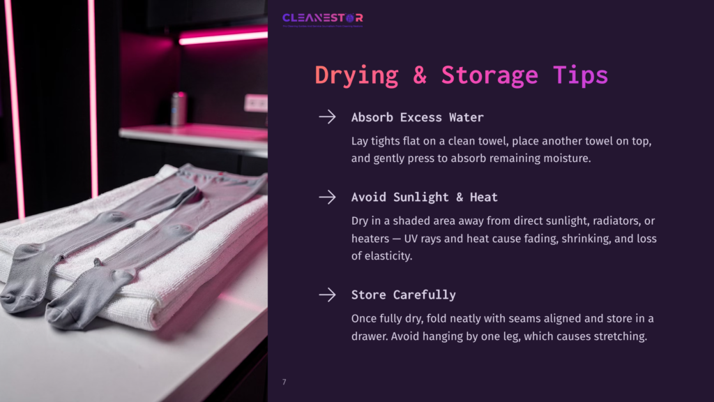 Gray Tights And Socks Laid Flat On A White Towel, With A Text Overlay On The Right Detailing &Quot;Drying &Amp; Storage Tips&Quot; Including Absorbing Excess Water, Avoiding Sunlight, And Storing Carefully.