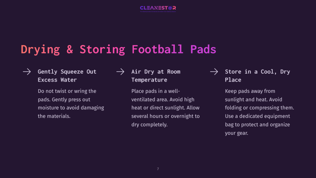 White Text On A Dark Purple Background Outlines Steps For Drying And Storing Football Pads, Featuring Arrows And Key Instructions.