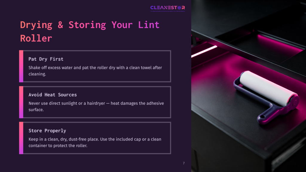 7 Drying And Storing Your Lint Roller A Lint Roller With A Purple Handle Sits On A Dark Surface, Bathed In Vibrant Pink Light. Text On The Left Outlines Drying And Storing Instructions For A Lint Roller.