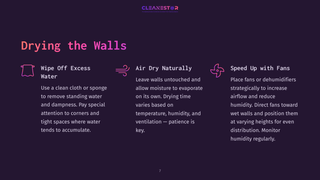 Drying The Walls: Three Methods Are Shown: Wiping Excess Water, Air Drying Naturally With A Focus On Evaporation, And Speeding Up Drying With Fans For Efficient Humidity Distribution.