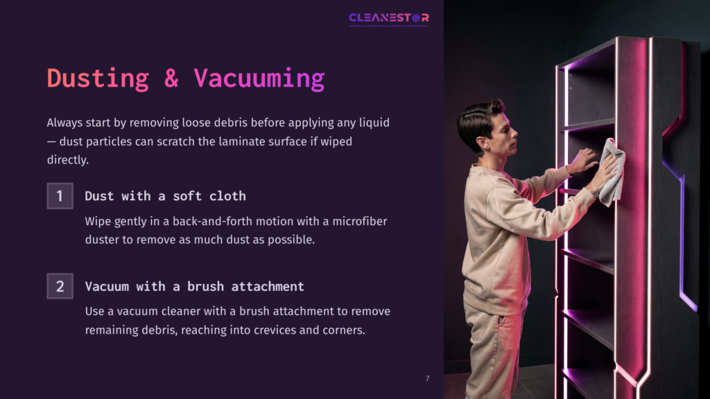 A Man In A Beige Sweater Dusts A Dark Shelf Unit With Pink Led Lighting, Using A White Microfiber Cloth. Text Overlay: &Quot;Dusting &Amp; Vacuuming&Quot; And &Quot;1 Dust With A Soft Cloth&Quot;, &Quot;2 Vacuum With A Brush Attachment&Quot;.