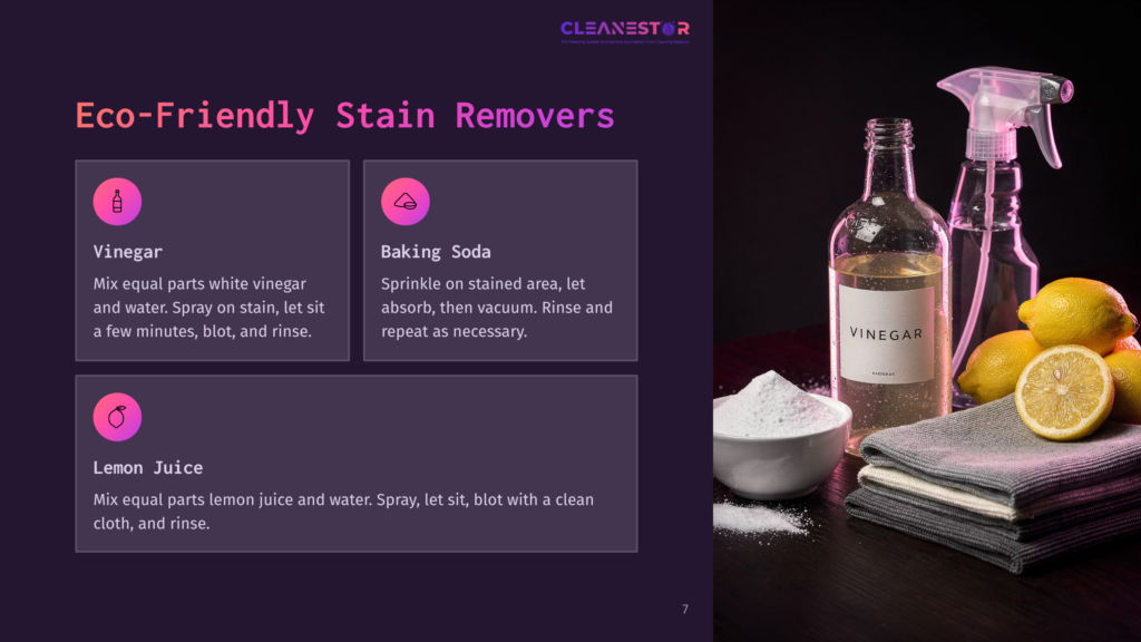 A Dark Purple Layout With Text Boxes For Vinegar, Baking Soda, And Lemon Juice, Alongside A Glass Spray Bottle And Lemons On The Right.