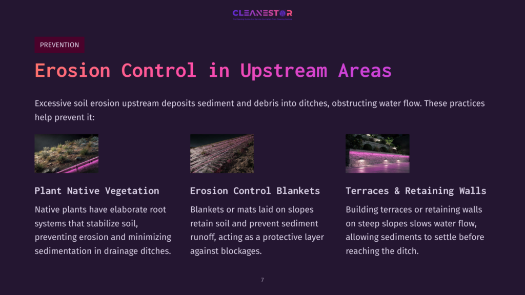 7 Erosion Control In Upstream Areas Cleanestor Logo With The Tagline &Quot;Pro Cleaning Service, Next-Level Restoration, Deep Cleaning Solutions.&Quot; The Text &Quot;Prevention&Quot; Is In Purple, Followed By &Quot;Erosion Control In Upstream Areas&Quot; In Large, Bold Purple Letters. Below Are Three Images Illustrating Erosion Control Methods: Native Plants, Erosion Control Blankets, And Terraces/Retaining Walls.