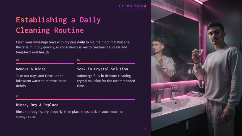 7 Establishing A Daily Cleaning Routine A Man In A White T-Shirt And Grey Sweatpants Holds Up An Invisalign Aligner In A Modern Bathroom With A Large Mirror Reflecting The Scene. Text Overlay Reads &Quot;Cleanestar&Quot; And &Quot;Establishing A Daily Cleaning Routine.