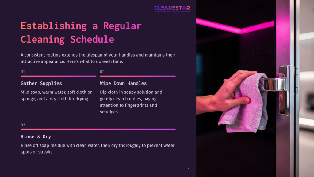 A Hand Wipes A Metal Door Handle With A Cloth, Alongside Steps For Cleaning In A Vibrant, Modern Setting With Neon Lighting.