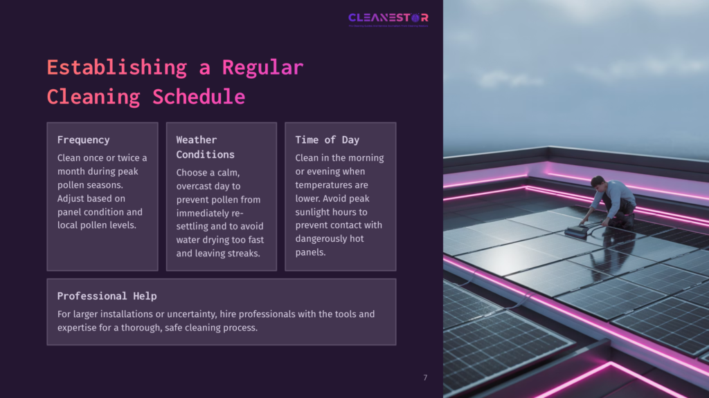 A Person Cleaning Solar Panels On A Rooftop In The Morning, Surrounded By Vibrant Purple And Dark Tones, With A Digital Schedule Displayed.