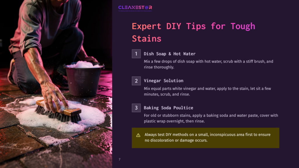 7 Expert Diy Tips For Tough Stains A Person Kneels On A Patio, Scrubbing A Stone Paver With A Stiff Brush And White Foam, Demonstrating Diy Cleaning Tips For Tough Stains With Dish Soap And Water.