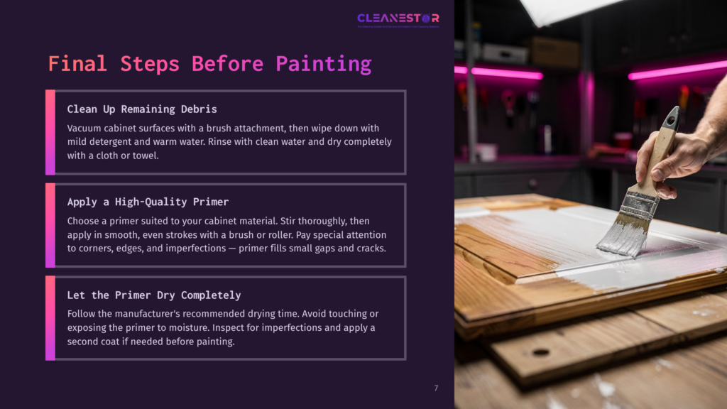 A Hand Applies Primer To A Cabinet Door With A Brush, Set Against A Colorful Backdrop Of Tools And Lighting In A Workspace.