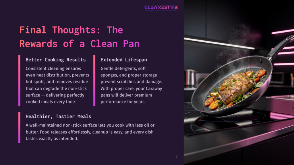 A Black Caraway Pan With A Seared Steak And Vegetables On A Modern Stovetop, Beside A Purple Background With Text Highlights.
