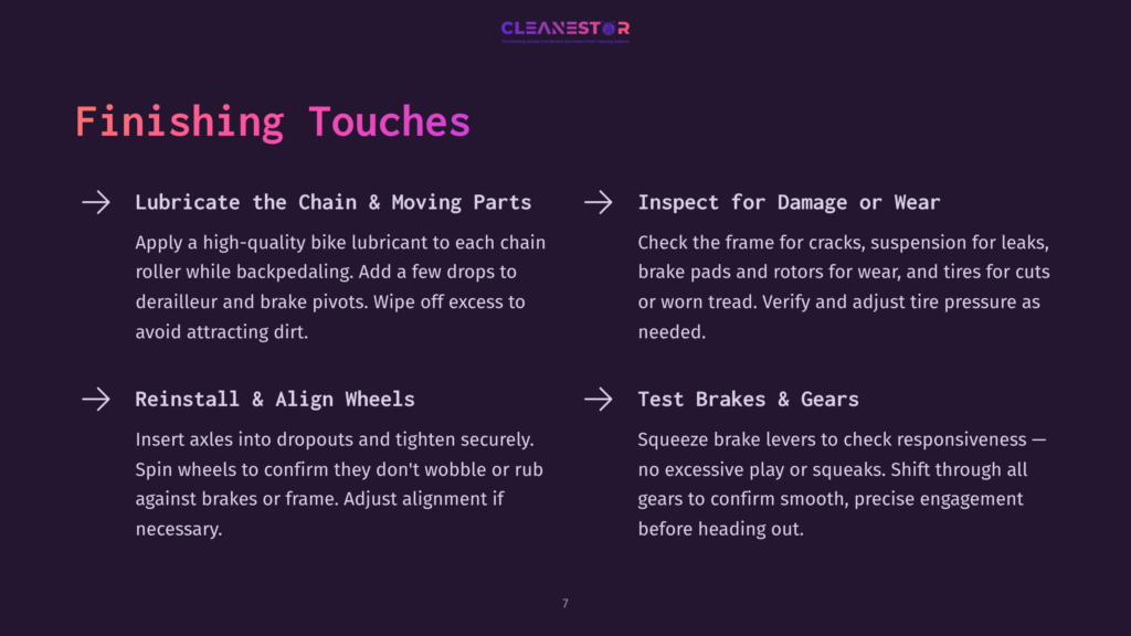 Instructions For Finishing Touches On Mountain Bike Maintenance, Including Lubricating Chain, Inspecting For Damage, And Testing Brakes.