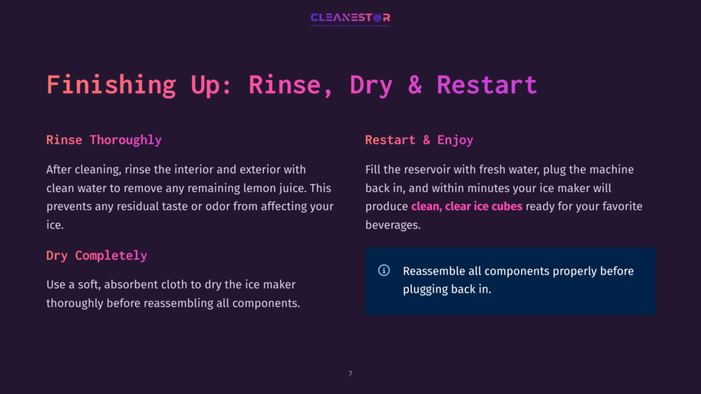 7 Finishing Up Rinse Dry And Restart Text Overlay On A Dark Background: &Quot;Finishing Up: Rinse, Dry &Amp; Restart&Quot;. Sections Detail Rinsing, Drying, And Restarting An Ice Maker With Fresh Water For Clean Ice Cubes.