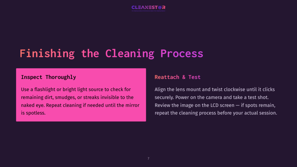 7 Finishing The Cleaning Process A Dark Purple Background With The Text &Quot;Finishing The Cleaning Process&Quot; In Large, Bright Pink Letters. The Left Side Features A Pink Box With White Text Detailing Inspection Steps, While The Right Side Has White Text About Reattaching And Testing The Lens Mount.