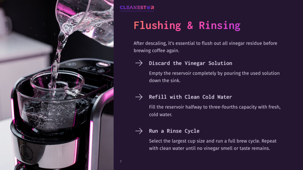 Close-Up Of Clear Water Being Poured From A Glass Carafe Into A Coffee Maker'S Water Reservoir, Part Of The &Quot;Flushing &Amp; Rinsing&Quot; Process For Descaling A Coffee Machine.