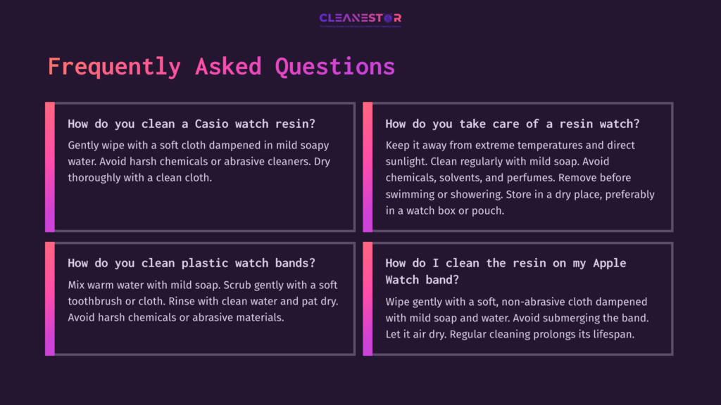 7 Frequently Asked Questions 1 Four Text Sections On A Dark Background, Featuring Faqs About Cleaning Watch Straps. Each Box Uses White Font With Brief, Clear Instructions.