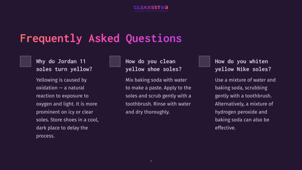 Text On A Dark Purple Background Outlines Faqs About Cleaning Yellowed Jordan 11 Shoe Soles, Featuring White And Light Blue Text Boxes.
