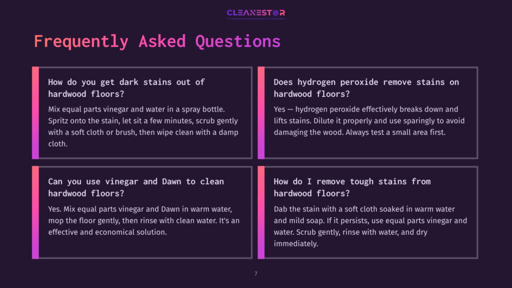 7 Frequently Asked Questions Four Blocks Of Text With White And Purple Backgrounds, Featuring Questions And Answers About Cleaning Hardwood Floors With Vinegar And Dawn.
