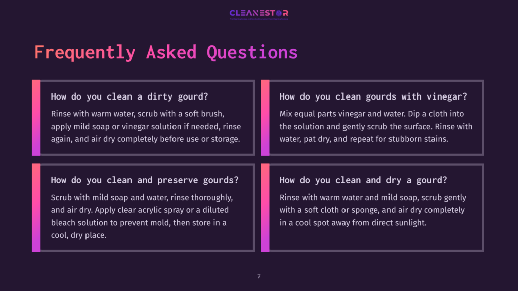 Four Sections Of Text In A Modern Layout, Featuring Bold Headers In Pink And White. Each Section Addresses Different Gourd Cleaning Faqs.