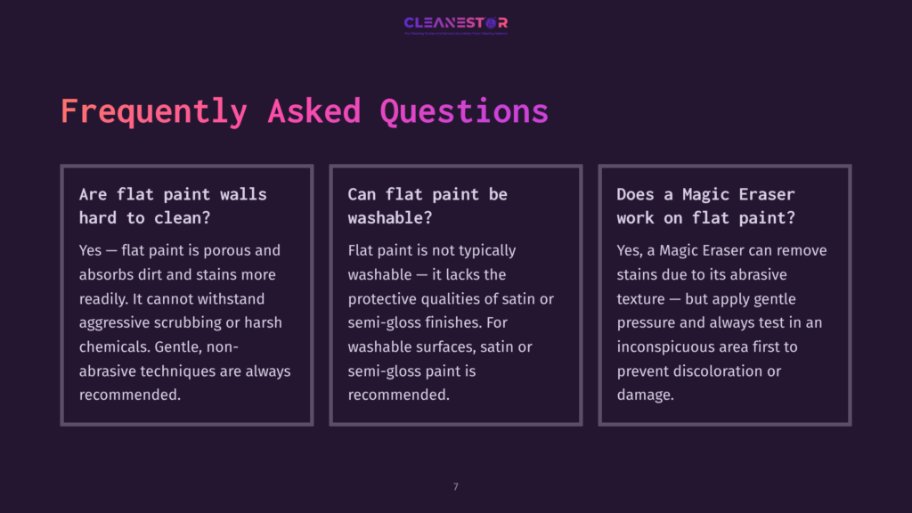 Text-Heavy Slide Featuring A Purple Background With White And Pink Text, Outlining Frequently Asked Questions About Cleaning Flat Paint Walls.