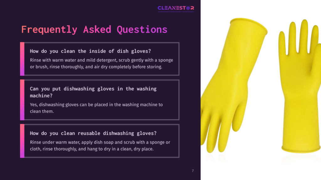 Bright Yellow Dish Glove Positioned Next To A Dark Purple Background With White Text Outlining Frequently Asked Questions About Cleaning Gloves.