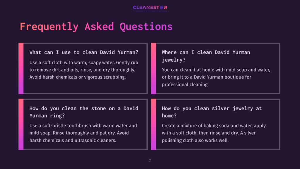 Four Colorful Boxes With Text, Featuring Faqs About Cleaning David Yurman Jewelry, Including Methods And Tips. Background In Dark Purple.