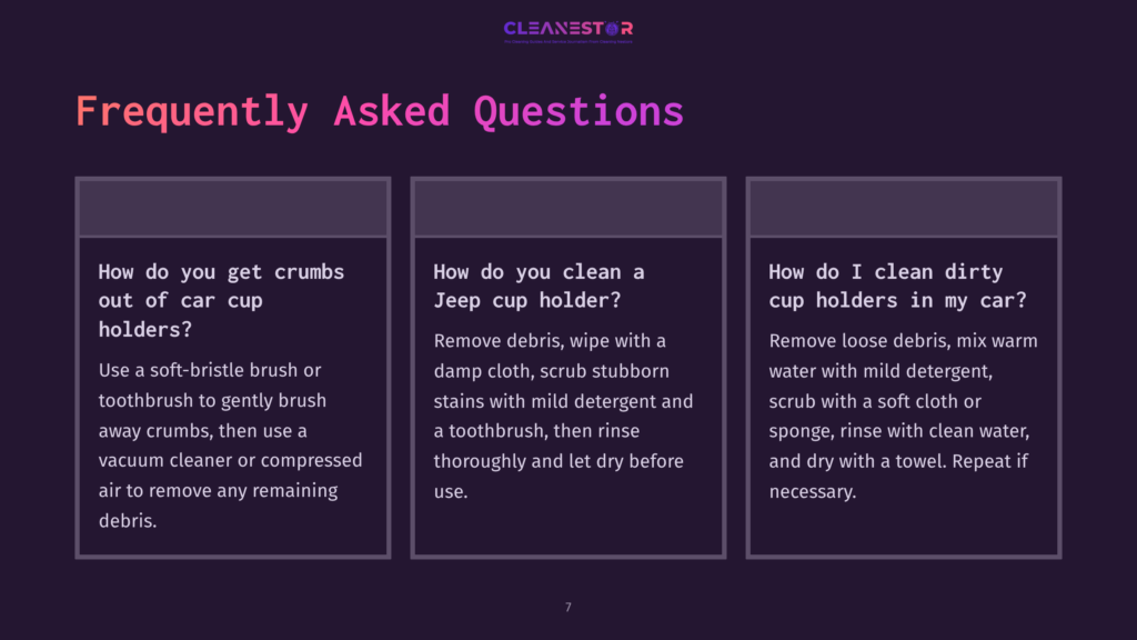Three Panels With White Text On A Dark Background Highlighting Common Questions About Cleaning Cup Holders, Featuring Step-By-Step Instructions.