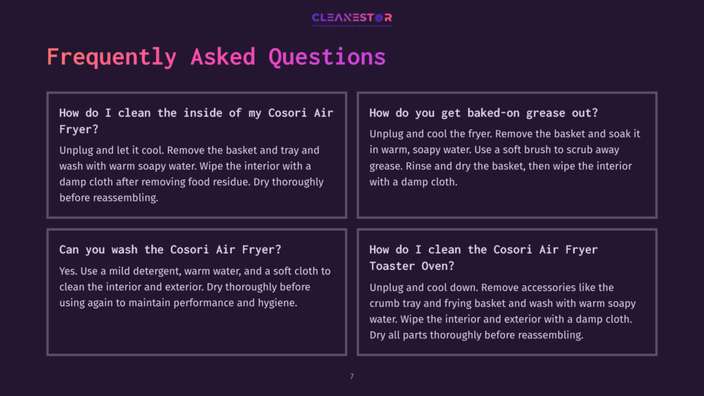 Textual Faqs On A Purple Background, Detailing Cleaning Instructions For The Cosori Air Fryer, With Clear Headings And Bullet Points.