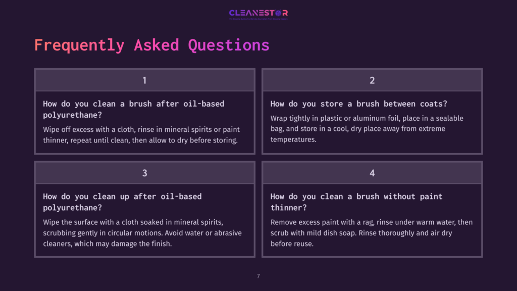 7 Frequently Asked Questions 2 Four Text Boxes With Faqs About Cleaning Oil-Based Polyurethane Brushes, Featuring Purple Backgrounds And White Text In A Grid Layout.