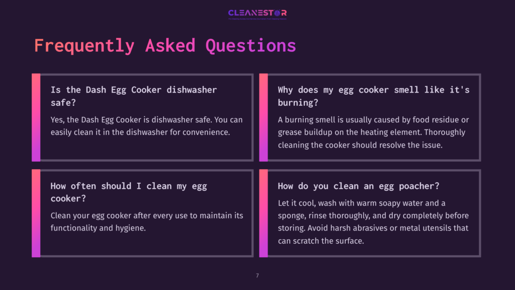 Four Sections Of Text In A Purple And Black Layout, Each Containing Questions And Answers About Cleaning An Egg Cooker.