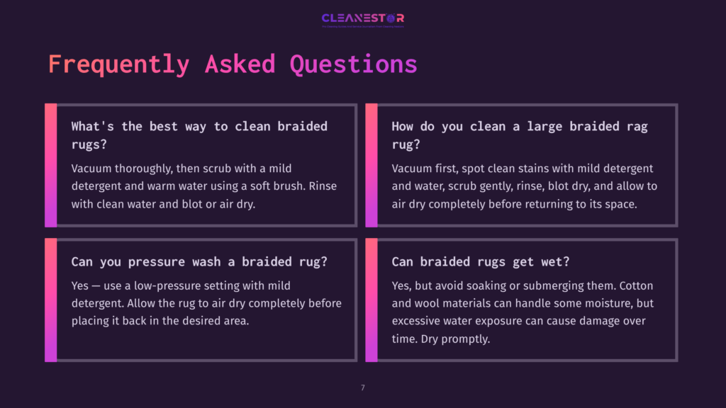 Four Text Boxes With A Dark Background Provide Faqs About Cleaning Braided Rugs. Each Box Features White And Bright Pink Text, Highlighting Tips And Instructions.