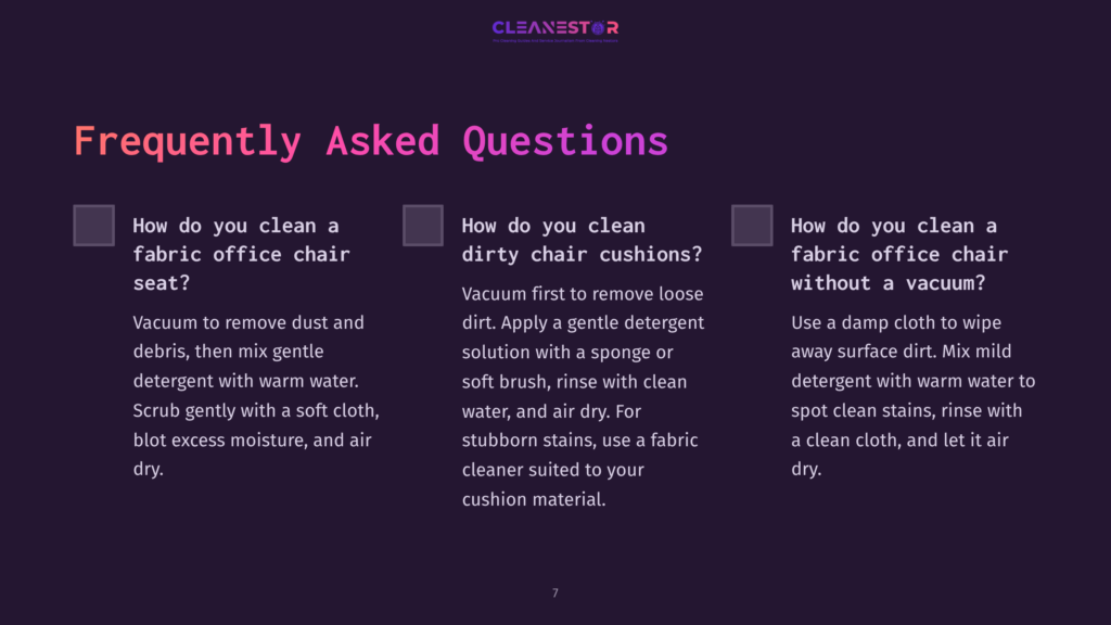 Purple Background With White Text Featuring Frequently Asked Questions About Cleaning Office Chair Cushions, Alongside Checkbox Icons.
