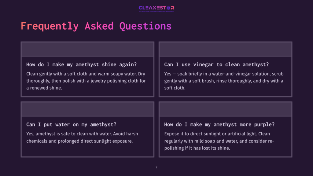 Four Faqs With Dark Background: 1) Amethyst Cleaning Methods, 2) Vinegar Use For Cleaning, 3) Water Exposure, 4) Restoring Shine. Text In White And Purple Boxes.