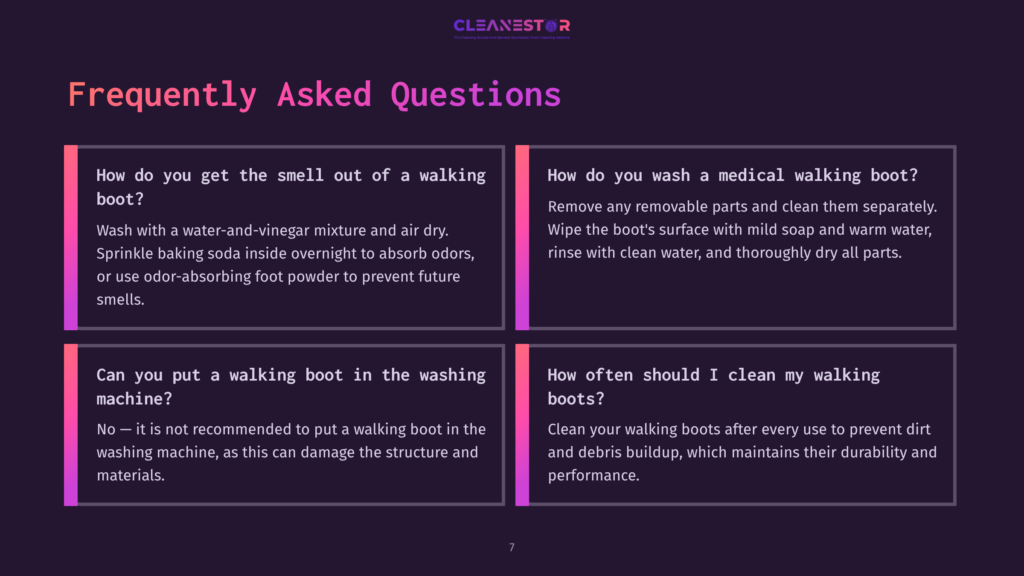 Four Quadrants With Faqs: Tips For Removing Odors From Walking Boots, Washing Instructions, And Cleaning Frequency, On A Dark Background With Bright Text.
