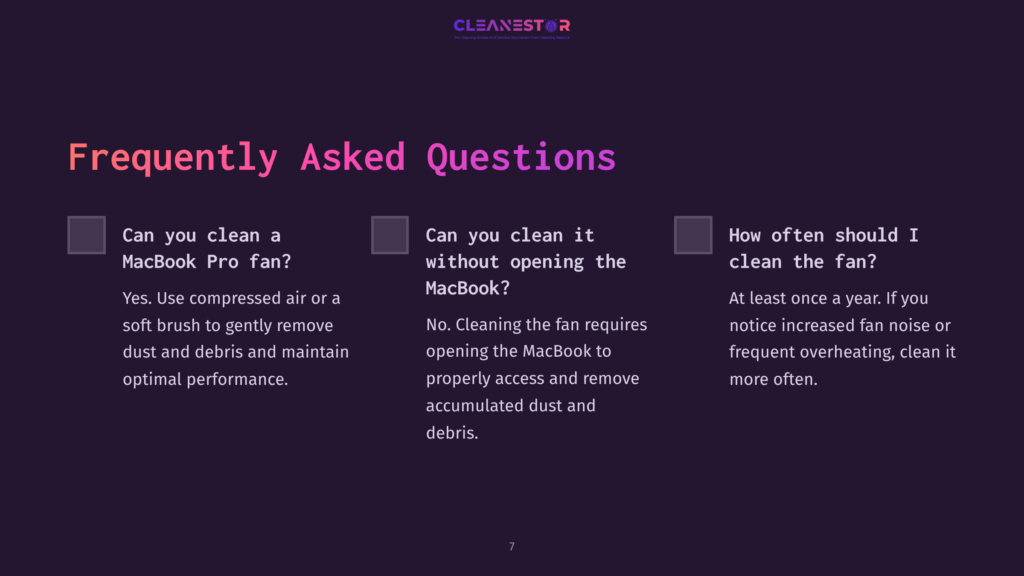 Text On A Purple Background With A Checklist Layout, Featuring Questions About Cleaning A Macbook Pro Fan And Answers In Bullet Points.