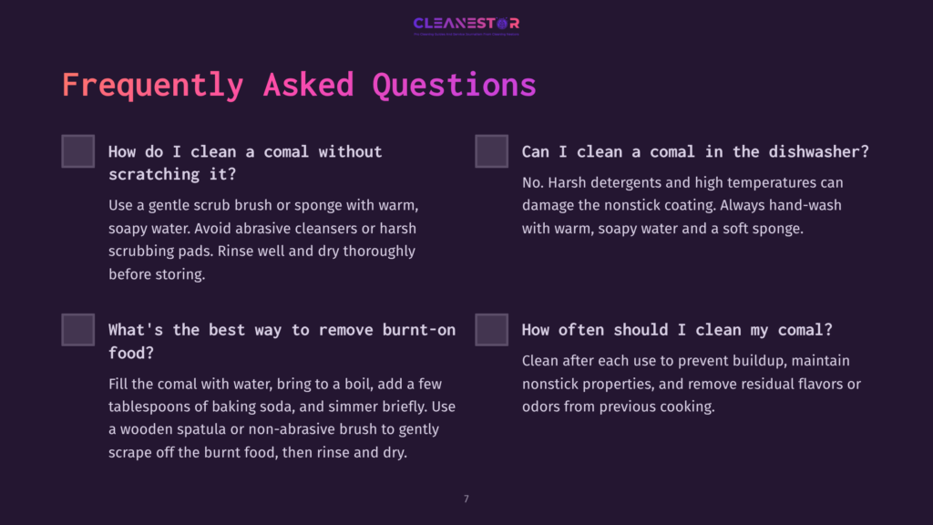 Faqs Section With Questions About Cleaning A Comal, Featuring A Purple Background, White Text, And Checkbox Icons For Answers.
