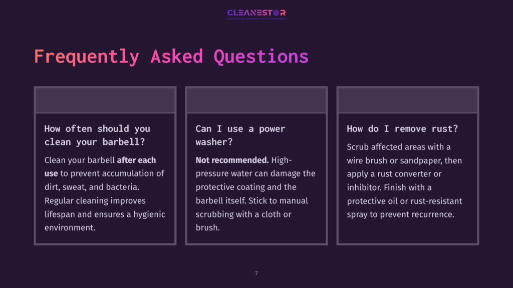 Three Sections Containing Faqs About Barbell Cleaning, With A Purple And White Color Scheme, Featuring Text And Icons For Each Question.