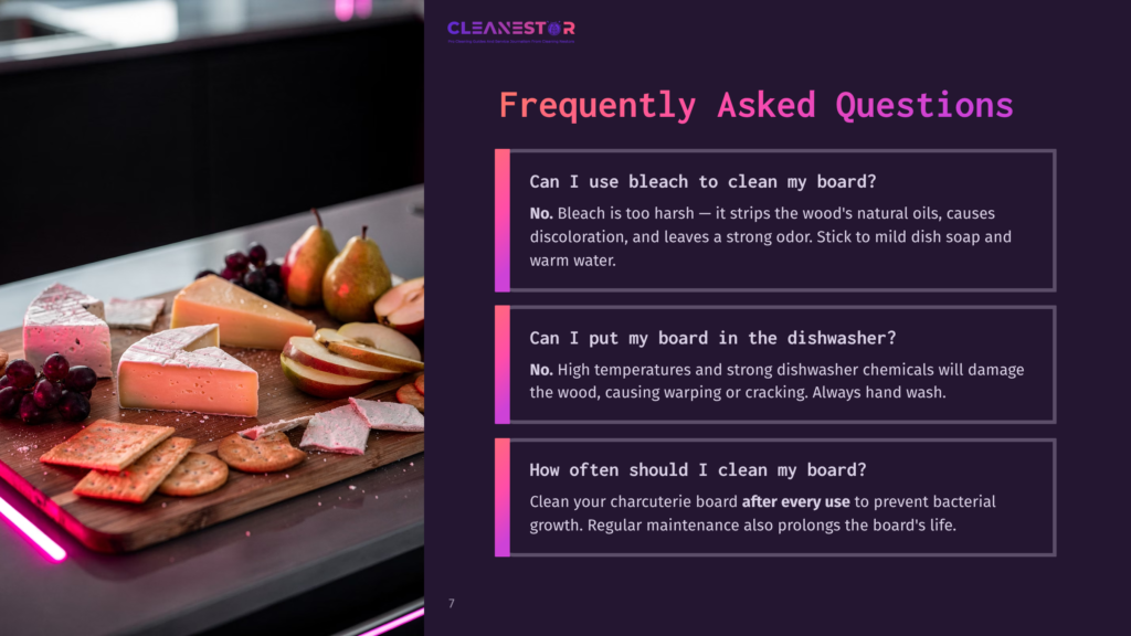 Cleanestor Logo And &Quot;Frequently Asked Questions&Quot; Text Overlayed On A Dark Background. The Questions Address Cleaning And Maintenance Of Wooden Boards, Including Bleach Use And Dishwasher Safety.