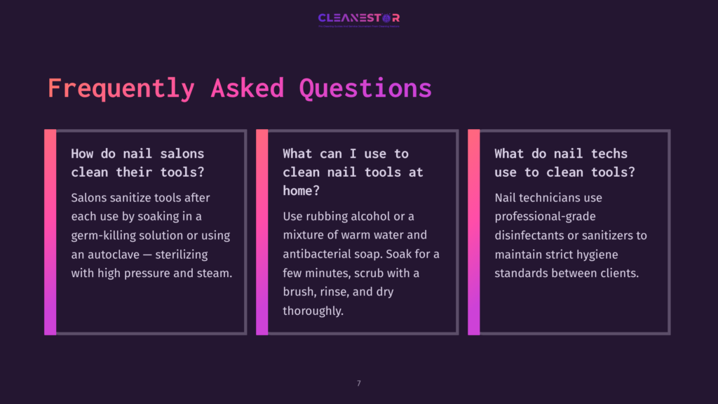 Three Panels Featuring Faqs About Cleaning Manicure Tools, With Bold Text On A Dark Background, Accented By Pink And Purple Colors.