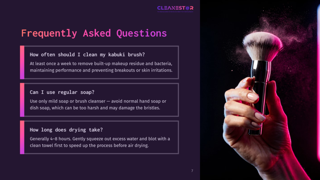 A Person'S Hand Holds A Fluffy Makeup Brush, With Pink Powder Dusting The Bristles And The Air. The Background Is Dark And Blurred, With The Text &Quot;Cleanestor&Quot; And &Quot;Frequently Asked Questions&Quot; Visible.