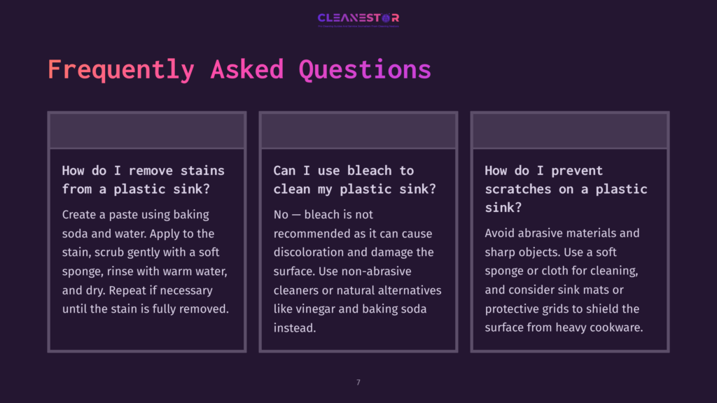 Frequently Asked Questions About Cleaning Plastic Sinks: How To Remove Stains, Use Bleach, And Prevent Scratches. The Text Is Displayed On A Dark Background With A Logo At The Top.
