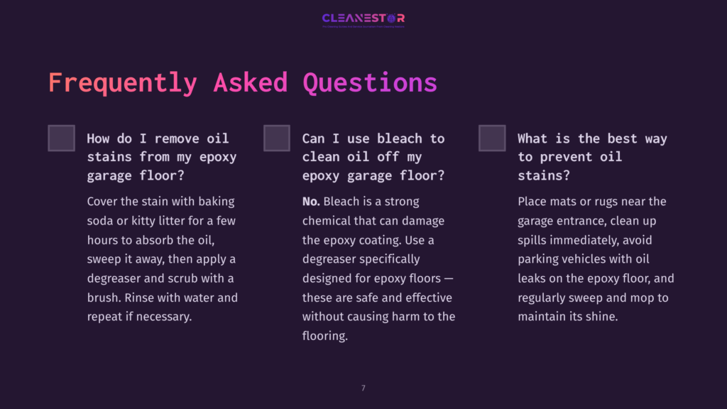 Frequently Asked Questions About Epoxy Garage Floors: How To Remove Oil Stains, Cleaning Oil Off Epoxy, And Preventing Oil Stains. The Text Is Displayed On A Dark Purple Background With A Faint Geometric Pattern.