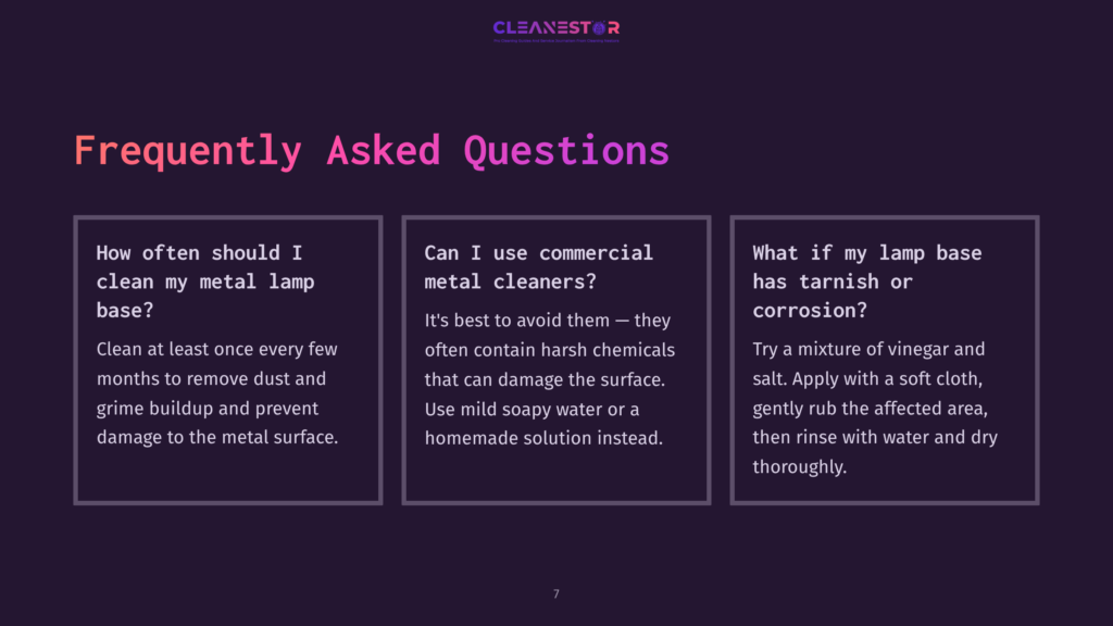 7 Frequently Asked Questions 38 A Slide From A Presentation Titled &Quot;Frequently Asked Questions&Quot; With Three Sections: &Quot;How Often Should I Clean My Metal Lamp Base?&Quot;, &Quot;Can I Use Commercial Metal Cleaners?&Quot;, And &Quot;What If My Lamp Base Has Tarnish Or Corrosion?&Quot;. The Cleanestor Logo Is At The Top.
