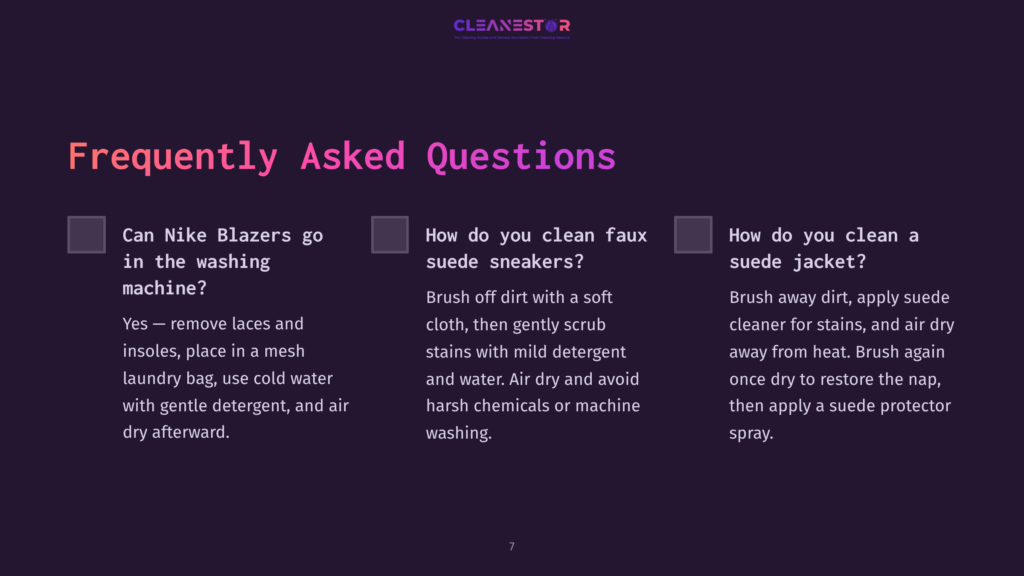 Purple Background With White Text Outlining Faqs. Questions About Cleaning Nike Blazers And Faux Suede Sneakers Are Displayed In Boxes.