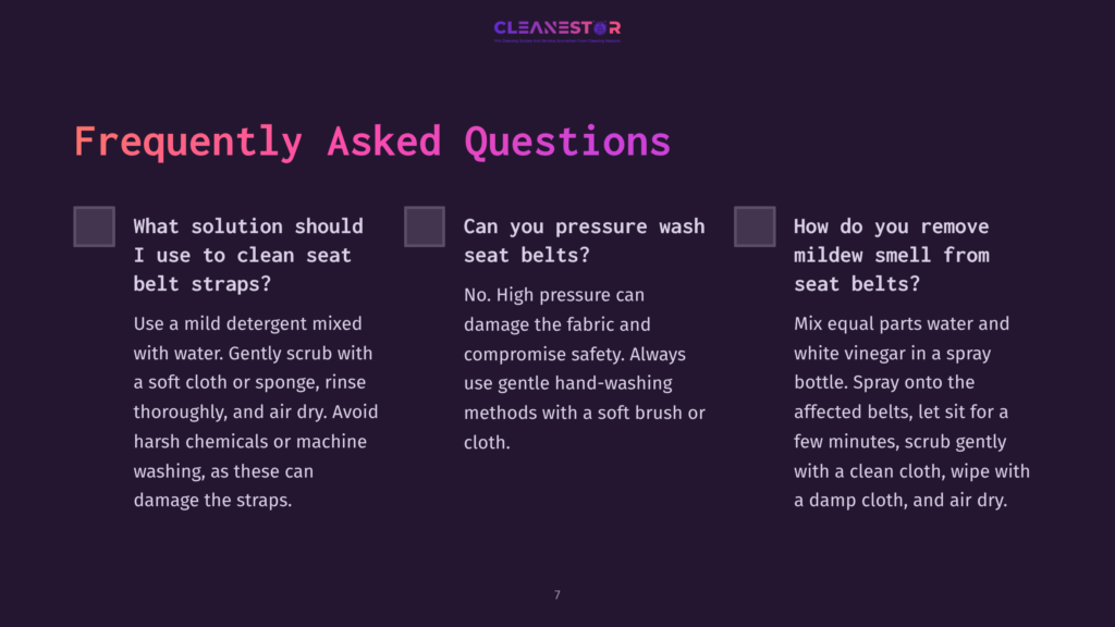 Text Layout With Questions About Cleaning Seat Belts. Background In Dark Purple, White Text, And A Checklist Format.