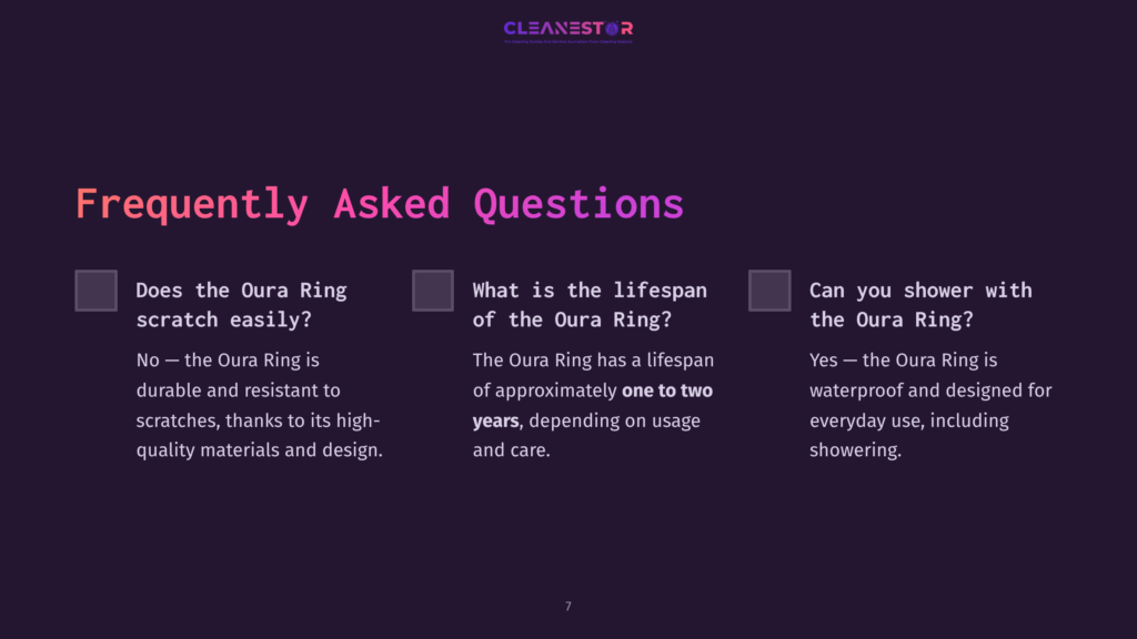 Purple Background With White Text Displaying Three Faqs About The Oura Ring, Including Care, Lifespan, And Waterproof Features.