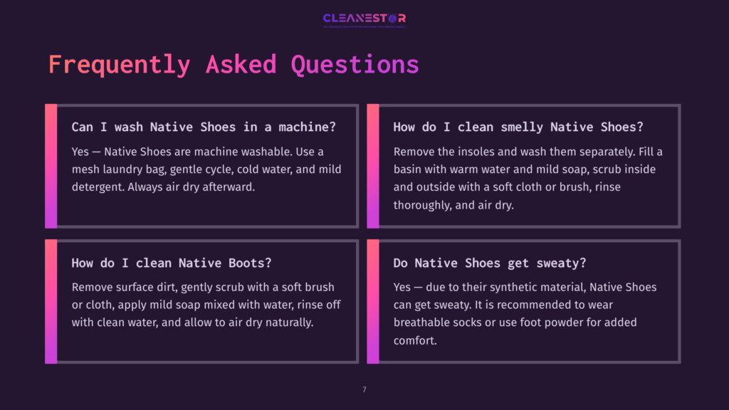 Four Sections With Questions About Cleaning Native Shoes, Featuring Purple Backgrounds, White Text, And A Modern Layout.